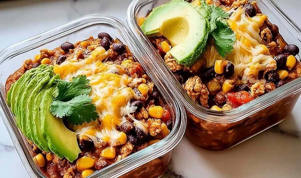 High-protein chicken cottage cheese enchilada bowl topped with avocado, cilantro, and Greek yogurt