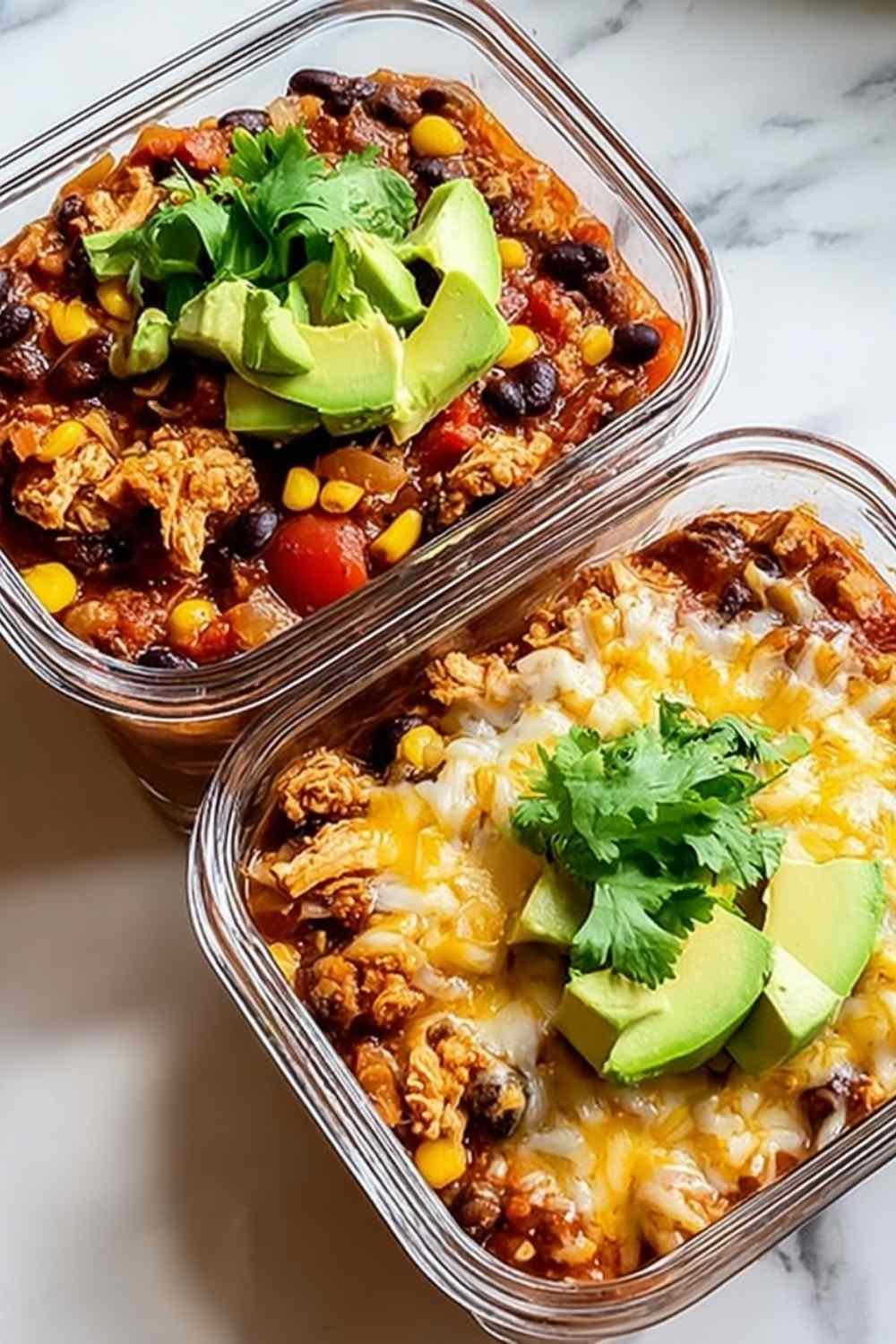 High-protein chicken cottage cheese enchilada bowl topped with avocado, cilantro, and Greek yogurt