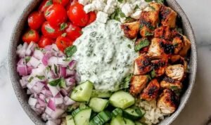 Chicken gyro bowl with marinated chicken tzatziki diced tomato cucumber red onion and feta over white rice