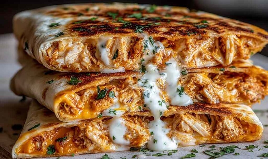 High protein chicken ranch quesadilla sliced into wedges on a wooden cutting board showing melted cheese, shredded chicken, and crispy tortilla edges