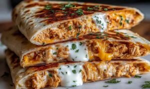 High Protein Chicken Ranch Quesadilla High protein chicken ranch quesadilla sliced into wedges on a wooden cutting board showing melted cheese, shredded chicken, and crispy tortilla edges