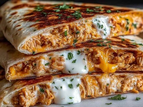 High protein chicken ranch quesadilla sliced into wedges on a wooden cutting board showing melted cheese, shredded chicken, and crispy tortilla edges