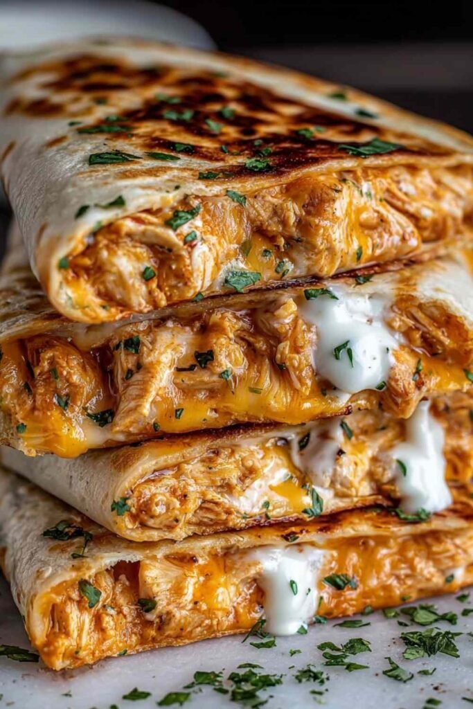 High protein chicken ranch quesadilla sliced into wedges on a wooden cutting board showing melted cheese, shredded chicken, and crispy tortilla edges