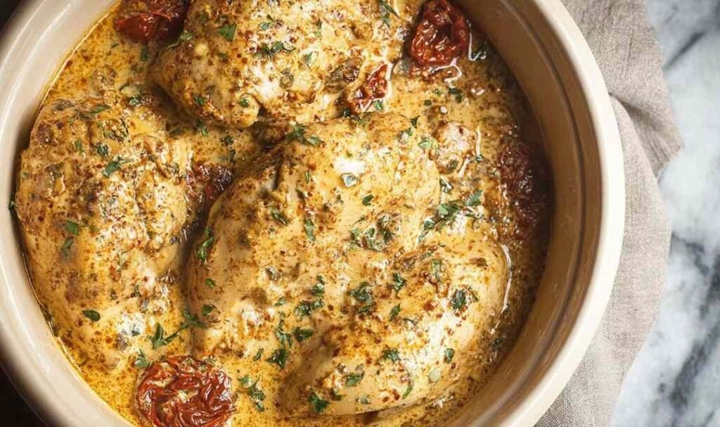High protein crockpot marry me chicken in a slow cooker with creamy sun-dried tomato sauce and fresh basil garnish
