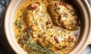 High Protein Crockpot Marry Me Chicken High protein crockpot marry me chicken in a slow cooker with creamy sun-dried tomato sauce and fresh basil garnish