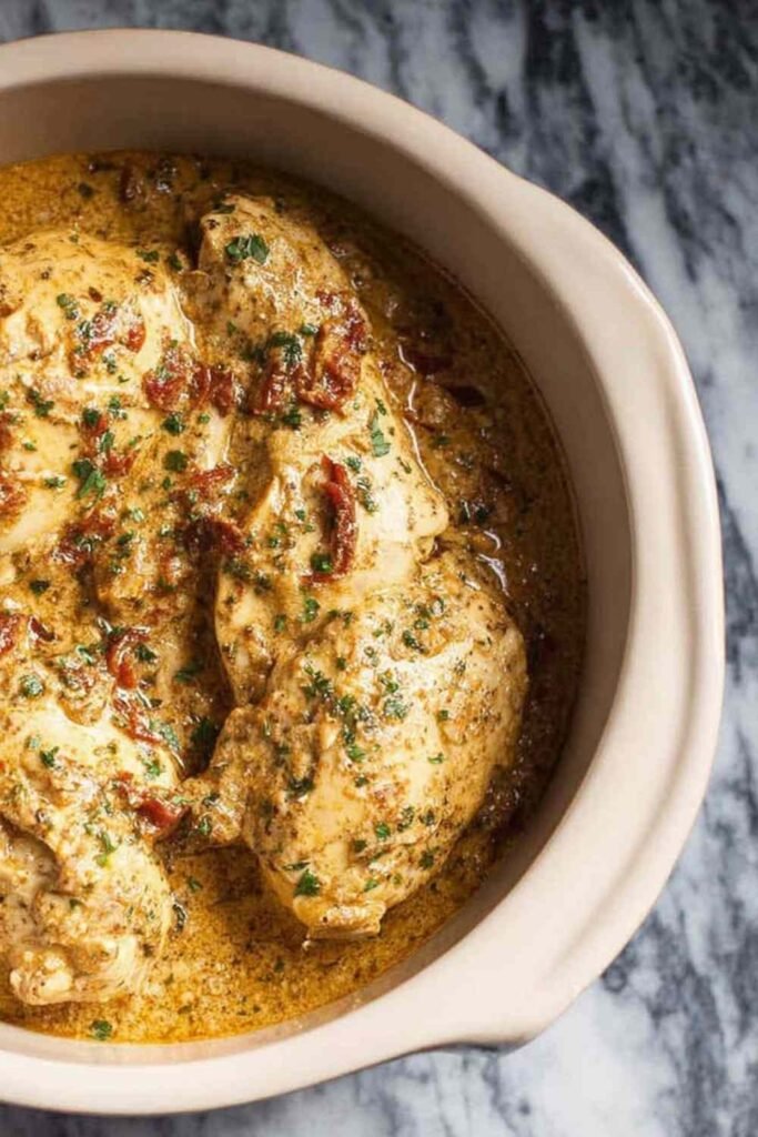 High protein crockpot marry me chicken in a slow cooker with creamy sun-dried tomato sauce and fresh basil garnish