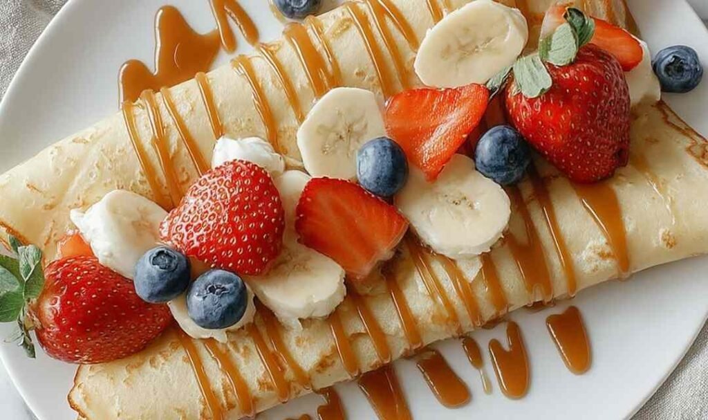 High protein egg white crepes stacked on white plate with fresh berries and honey drizzle
