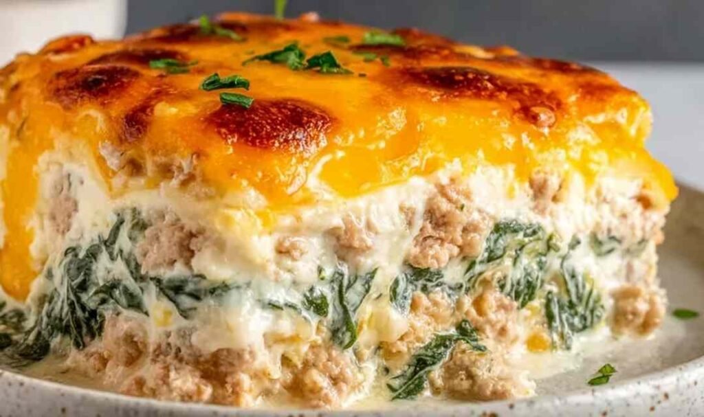 High protein ground turkey casserole in baking dish with melted golden cheddar cheese on top and fresh spinach