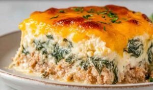 High protein ground turkey casserole in baking dish with melted golden cheddar cheese on top and fresh spinach
