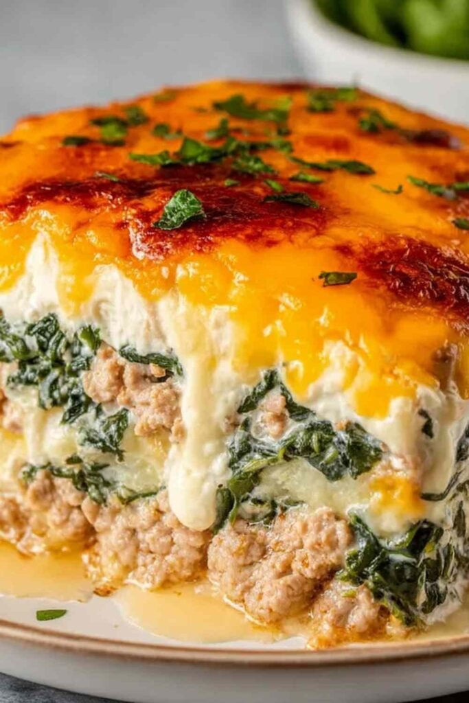 High protein ground turkey casserole in baking dish with melted golden cheddar cheese on top and fresh spinach