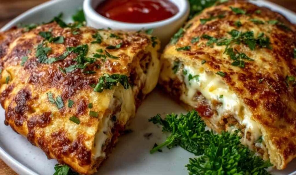 High-protein keto calzone cut open showing melted mozzarella cheese and pepperoni filling with golden crispy chicken crust