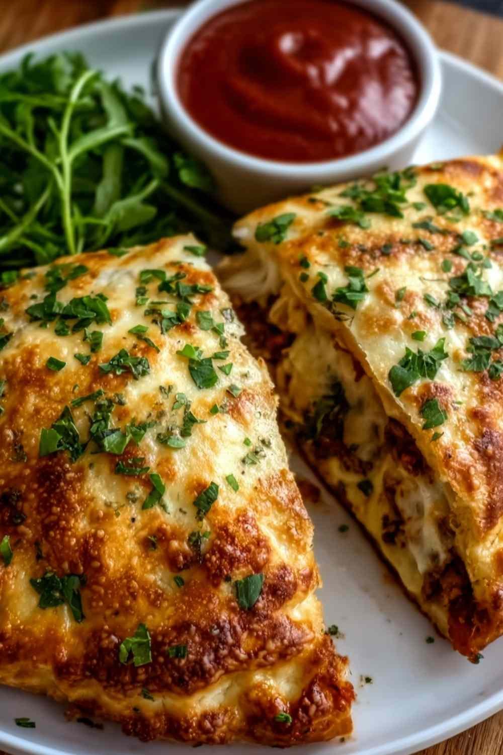 High-protein keto calzone cut open showing melted mozzarella cheese and pepperoni filling with golden crispy chicken crust