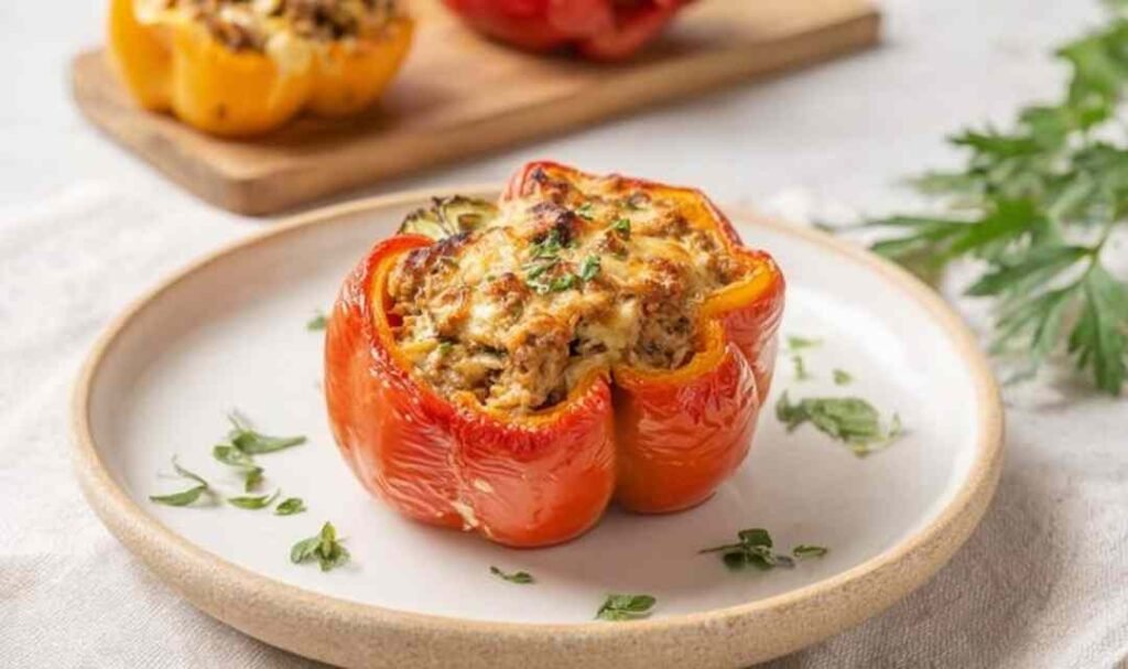 High protein low calorie stuffed bell peppers in a white baking dish with melted cheese and fresh cilantro garnish