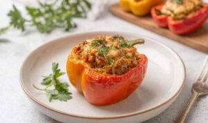 High protein low calorie stuffed bell peppers in a white baking dish with melted cheese and fresh cilantro garnish