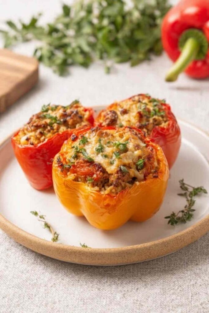 High protein low calorie stuffed bell peppers in a white baking dish with melted cheese and fresh cilantro garnish