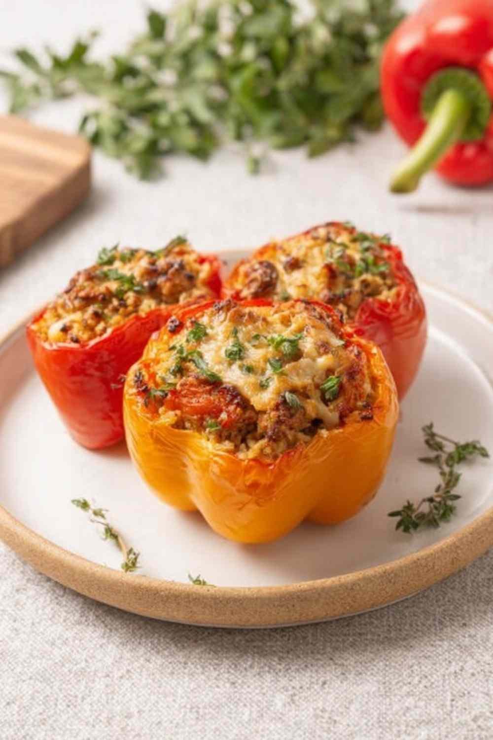 High protein low calorie stuffed bell peppers in a white baking dish with melted cheese and fresh cilantro garnish
