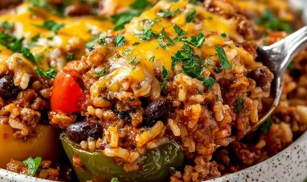 High protein unstuffed peppers with melted cheddar, ground turkey, and bell peppers in a white baking dish