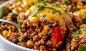 High Protein Unstuffed Peppers High protein unstuffed peppers with melted cheddar, ground turkey, and bell peppers in a white baking dish
