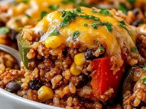 High protein unstuffed peppers with melted cheddar, ground turkey, and bell peppers in a white baking dish