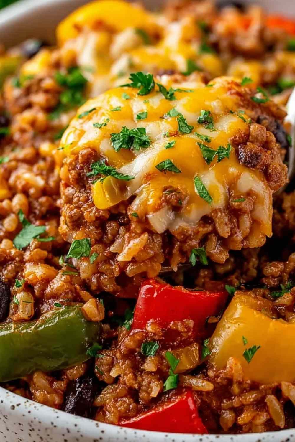 High protein unstuffed peppers with melted cheddar, ground turkey, and bell peppers in a white baking dish