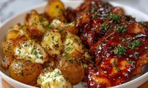 Honey BBQ Chicken Potatoes in a skillet topped with melted cheddar cheese and chopped green onions