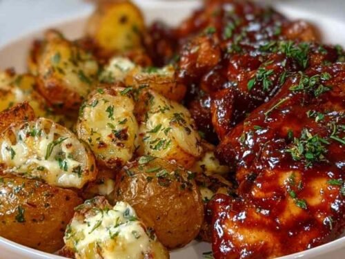 Honey BBQ Chicken Potatoes in a skillet topped with melted cheddar cheese and chopped green onions