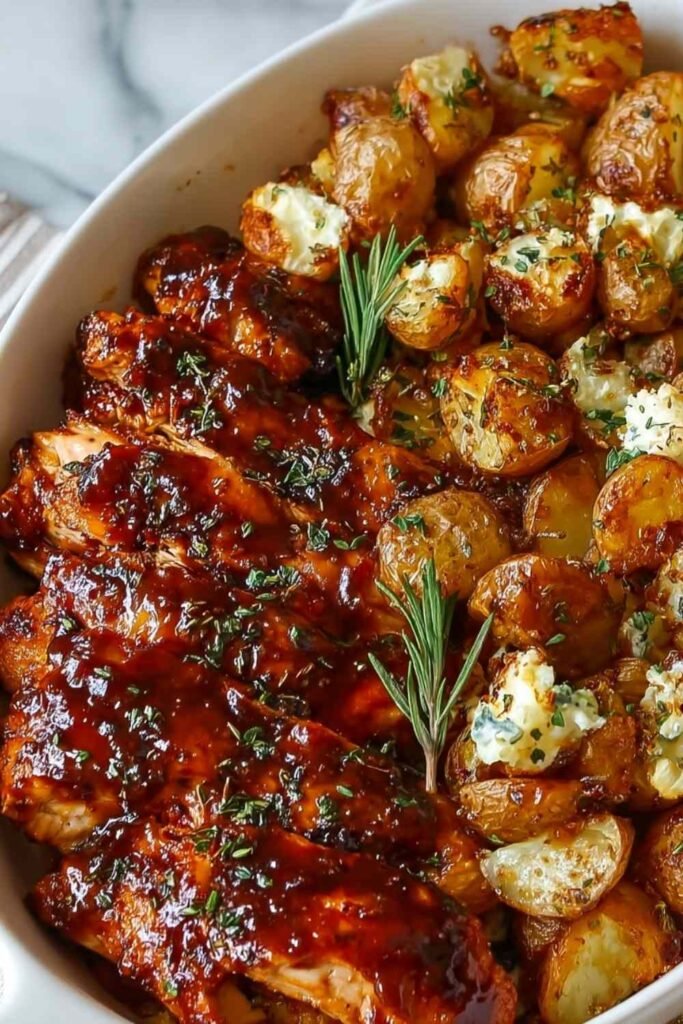 Honey BBQ Chicken Potatoes in a skillet topped with melted cheddar cheese and chopped green onions