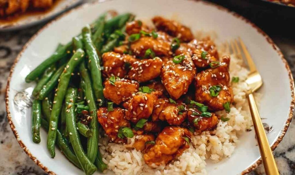 Honey garlic chicken and green beans in a skillet with glossy sweet savory sauce sesame seeds and green onions