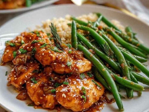 Honey garlic chicken and green beans in a skillet with glossy sweet savory sauce sesame seeds and green onions