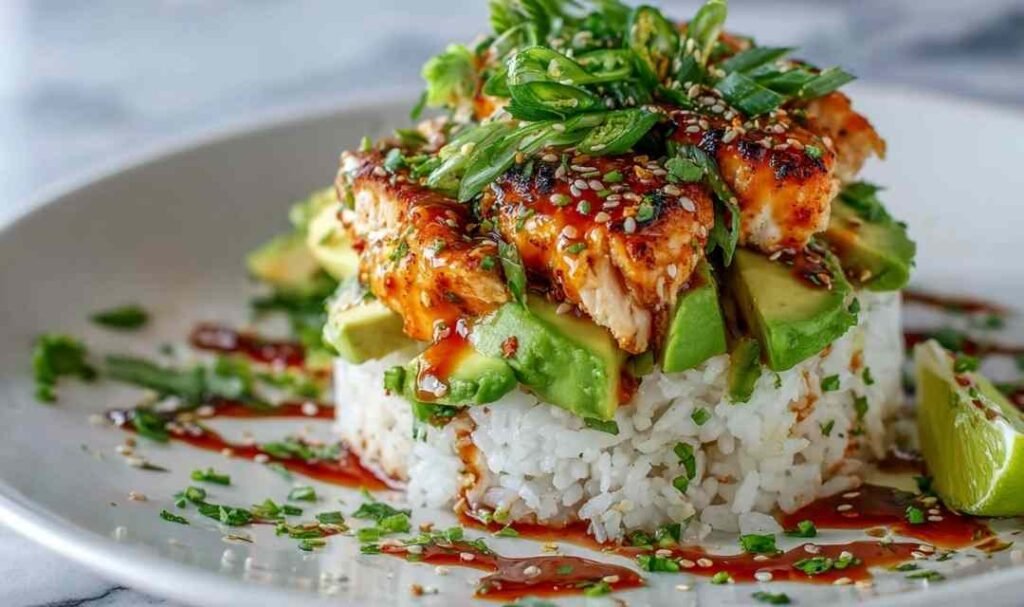 Honey lime chicken avocado rice stack in a bowl with sliced grilled chicken, avocado, black beans, corn, and fresh cilantro