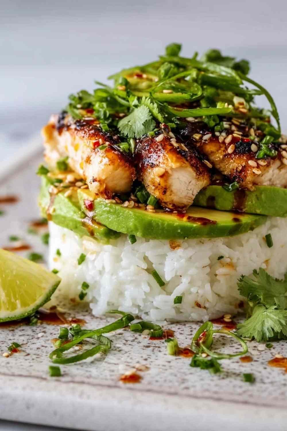 Honey lime chicken avocado rice stack in a bowl with sliced grilled chicken, avocado, black beans, corn, and fresh cilantro