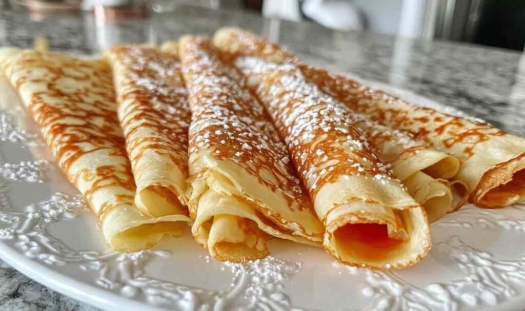 Stack of golden oatmeal crepes on a white plate topped with fresh berries and a drizzle of maple syrup Stack of golden oatmeal crepes on a white plate topped with fresh berries and a drizzle of maple syrup