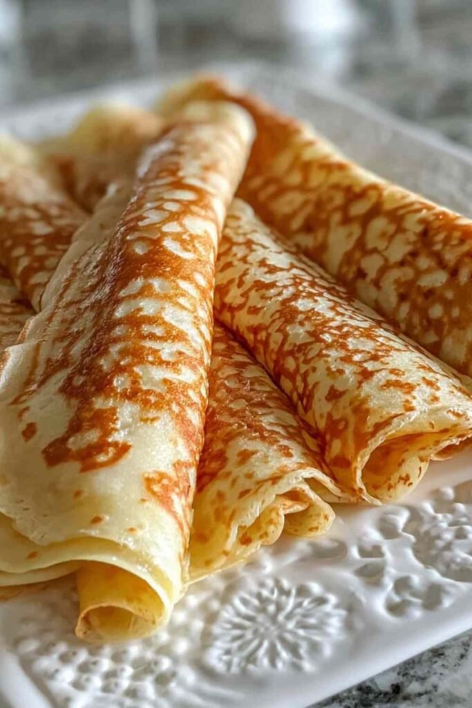 Stack of golden oatmeal crepes on a white plate topped with fresh berries and a drizzle of maple syrup