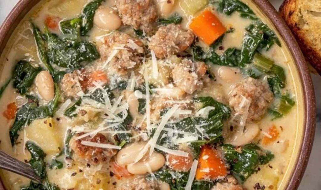Italian sausage and white bean soup in a Dutch oven with kale, potatoes, and creamy broth