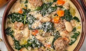 Italian sausage and white bean soup in a Dutch oven with kale, potatoes, and creamy broth