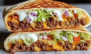 Keto Crunchwraps Recipe Keto crunchwraps recipe cut in half showing layers of seasoned beef, cheese sauce, and crispy low-carb tortilla