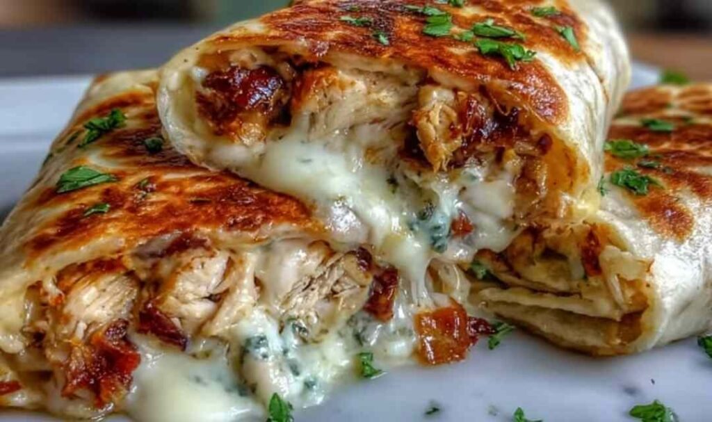 Low Carb Cheesy Garlic Chicken Wraps sliced diagonally on a plate, showing melted cheese and shredded chicken filling