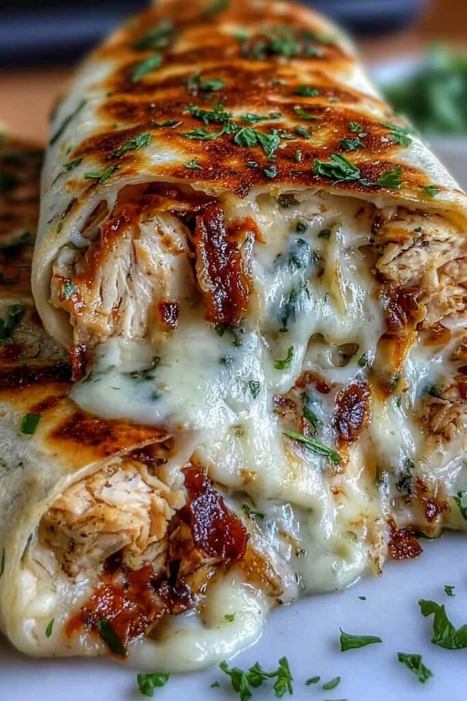 Low Carb Cheesy Garlic Chicken Wraps sliced diagonally on a plate, showing melted cheese and shredded chicken filling