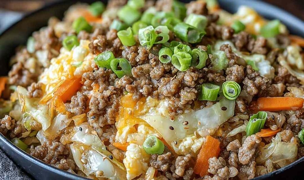 Keto egg roll in a bowl in a large skillet with shredded cabbage, ground pork, carrots, and green onions