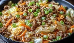 Keto Egg Roll in a Bowl Keto egg roll in a bowl in a large skillet with shredded cabbage, ground pork, carrots, and green onions