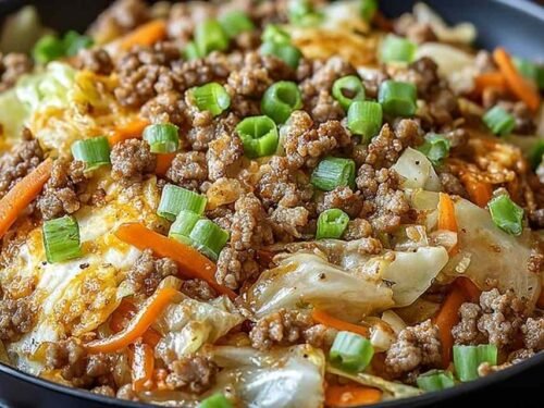 Keto egg roll in a bowl in a large skillet with shredded cabbage, ground pork, carrots, and green onions