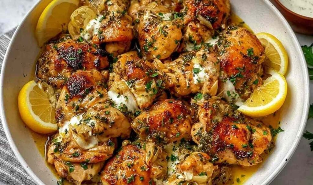 Lebanese lemon garlic chicken pieces golden pan-grilled served with creamy yogurt dipping sauce, parsley, and lemon wedges