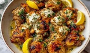 Lebanese lemon garlic chicken pieces golden pan-grilled served with creamy yogurt dipping sauce, parsley, and lemon wedges
