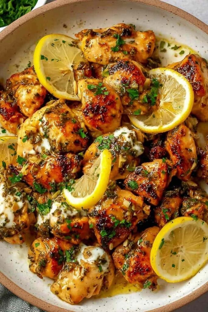 Lebanese lemon garlic chicken pieces golden pan-grilled served with creamy yogurt dipping sauce, parsley, and lemon wedges