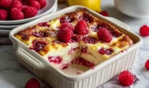 Lemon Raspberry Cottage Cheese Bake Lemon raspberry cottage cheese bake in a white baking dish cut into nine squares with golden edges and visible raspberries