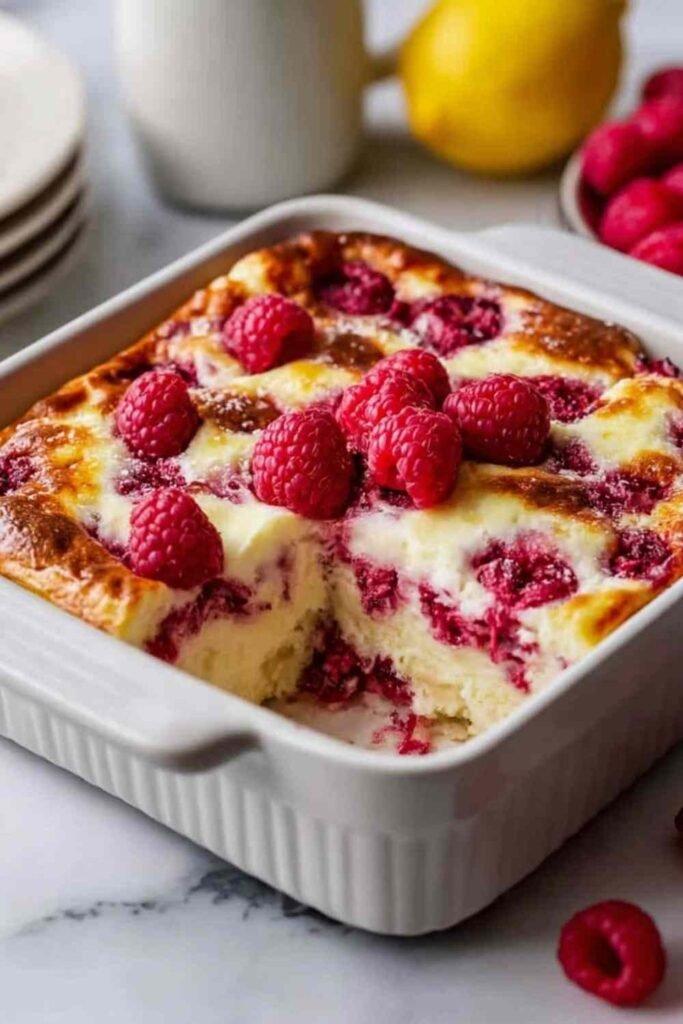 Lemon raspberry cottage cheese bake in a white baking dish cut into nine squares with golden edges and visible raspberries