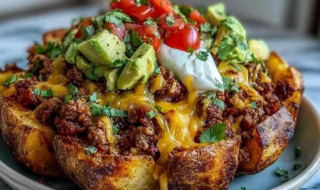 Loaded potato taco bowl with crispy roasted potatoes, seasoned ground beef, black beans, melted cheddar, avocado, and fresh cilantro