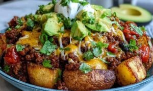 Loaded potato taco bowl with crispy roasted potatoes, seasoned ground beef, black beans, melted cheddar, avocado, and fresh cilantro