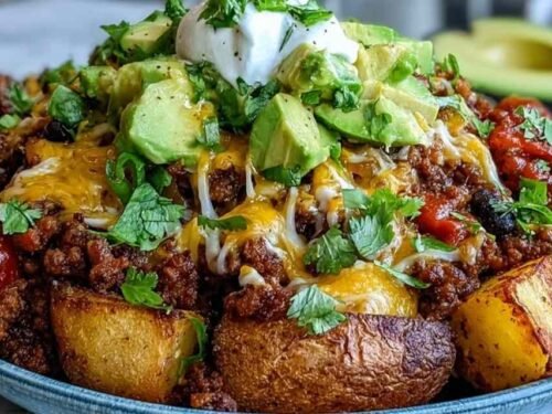 Loaded potato taco bowl with crispy roasted potatoes, seasoned ground beef, black beans, melted cheddar, avocado, and fresh cilantro