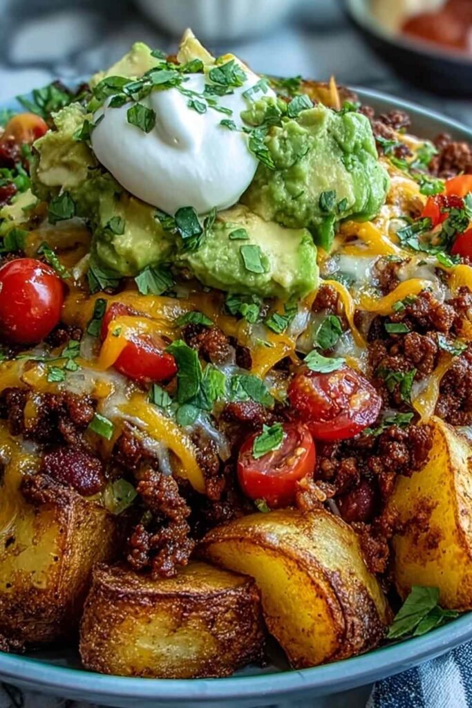 Loaded potato taco bowl with crispy roasted potatoes, seasoned ground beef, black beans, melted cheddar, avocado, and fresh cilantro